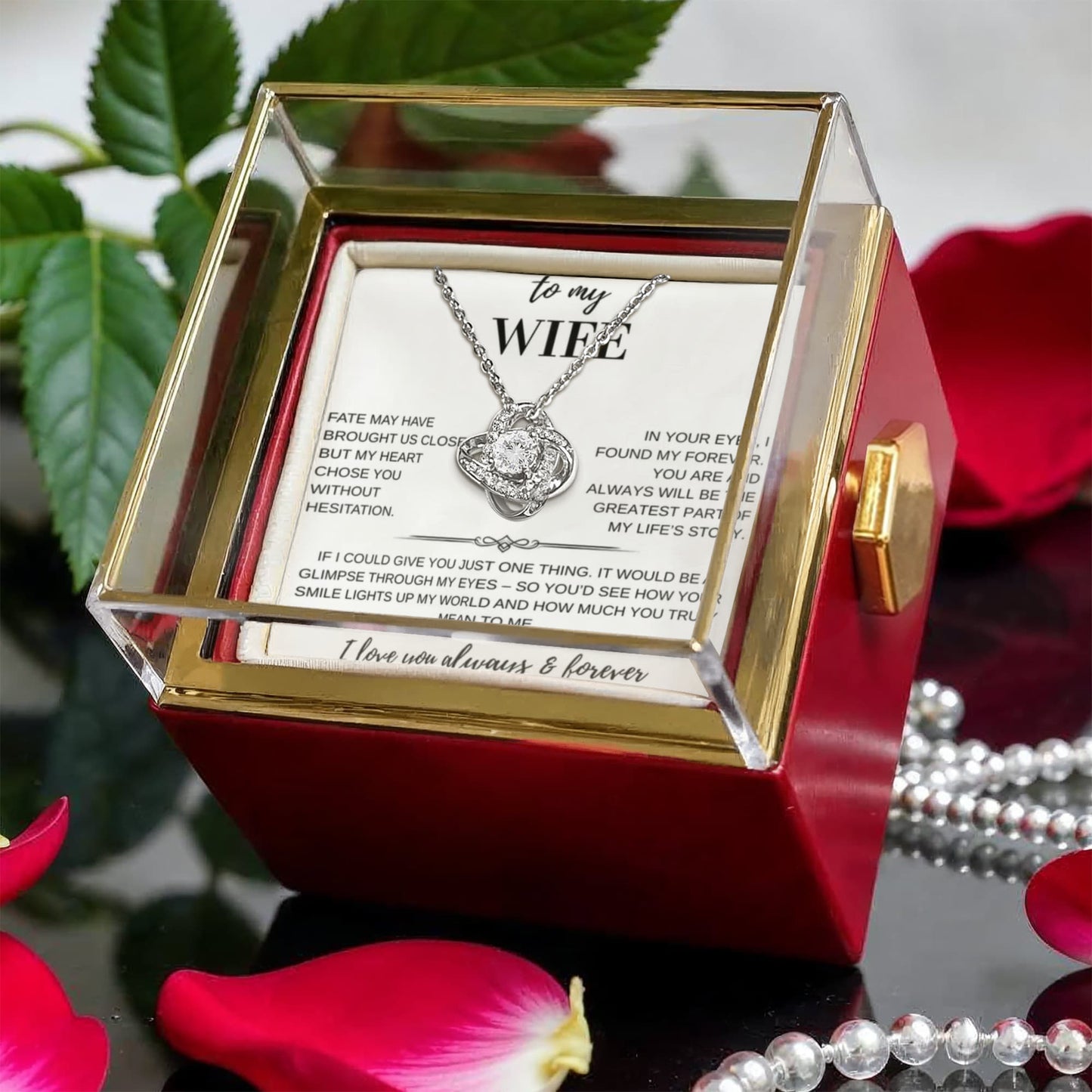 To My Wife - Fate Love Knot Necklace with Rotating Rose Gift Box
