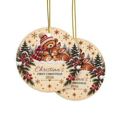 Personalized Double-Sided "First Christmas 2026" Teddy & Fawn Holiday Keepsake Ceramic Ornament