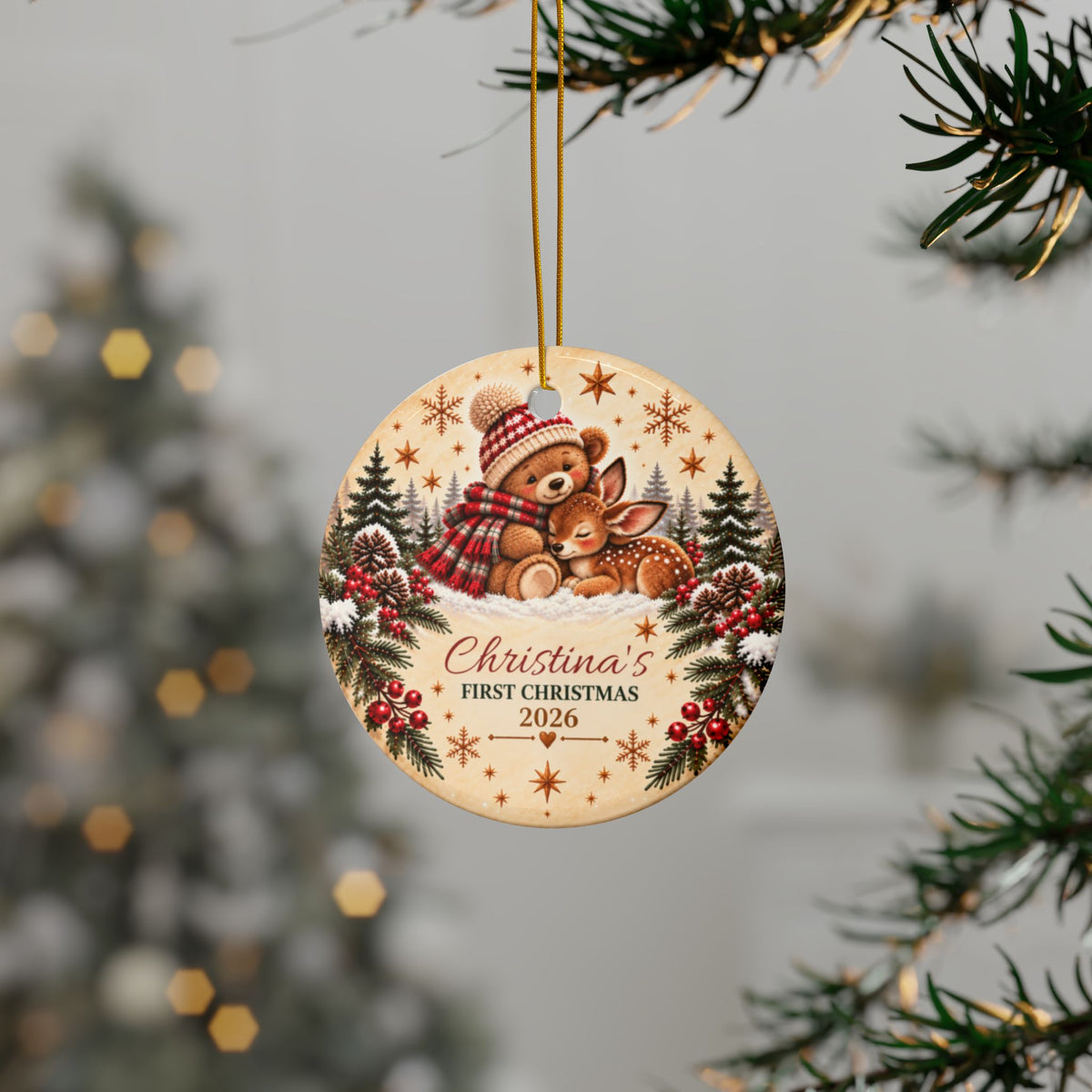 Personalized Double-Sided "First Christmas 2026" Teddy & Fawn Holiday Keepsake Ceramic Ornament
