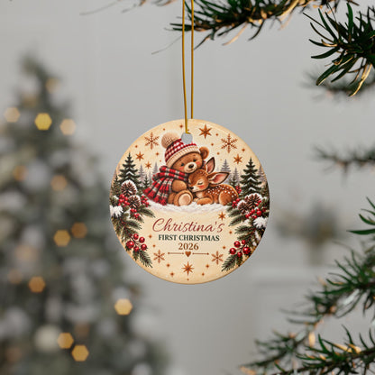 Personalized Double-Sided "First Christmas 2026" Teddy & Fawn Holiday Keepsake Ceramic Ornament