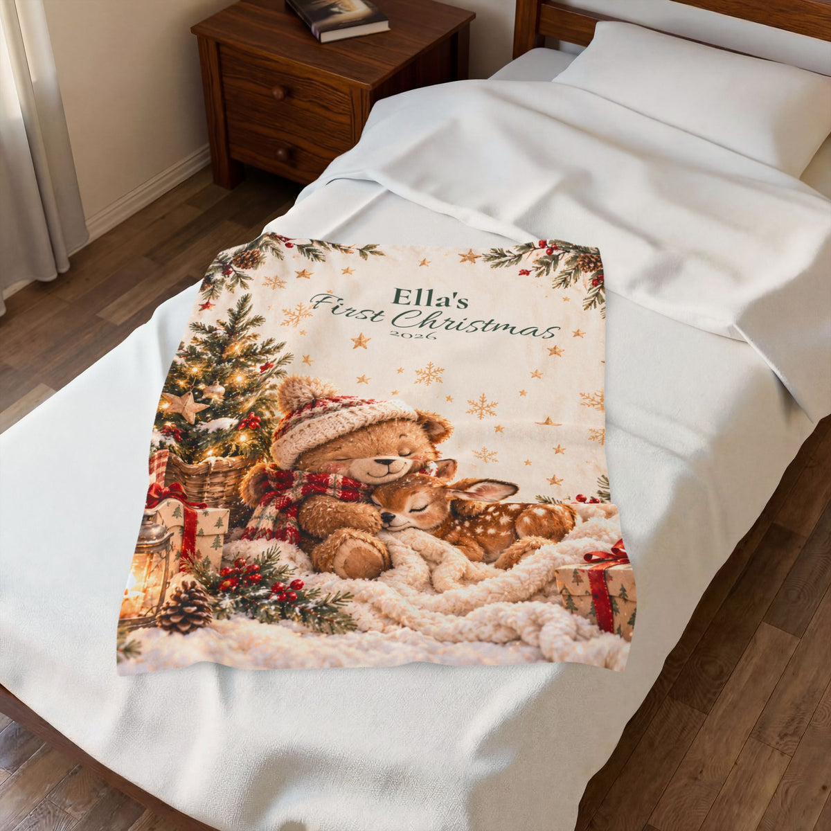 Personalized Cute Teddy & Fawn Holiday Throw Baby First Christmas Velveteen Blanket