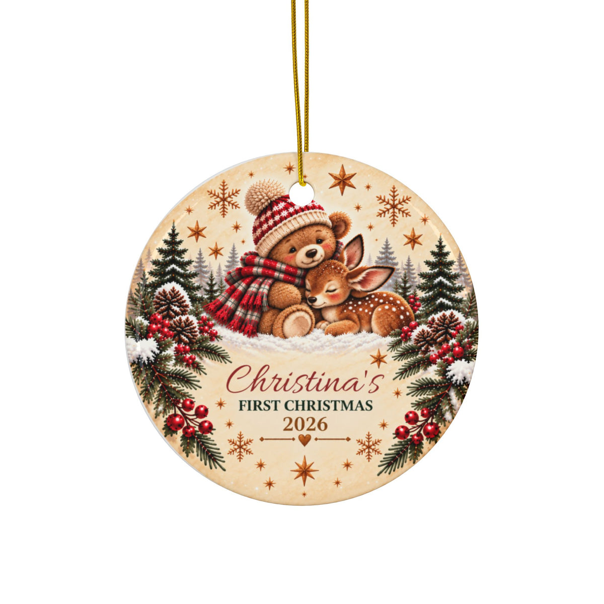 Personalized Double-Sided "First Christmas 2026" Teddy & Fawn Holiday Keepsake Ceramic Ornament
