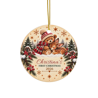 Personalized Double-Sided "First Christmas 2026" Teddy & Fawn Holiday Keepsake Ceramic Ornament