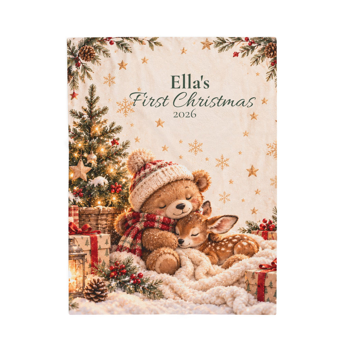 Personalized Cute Teddy & Fawn Holiday Throw Baby First Christmas Velveteen Blanket