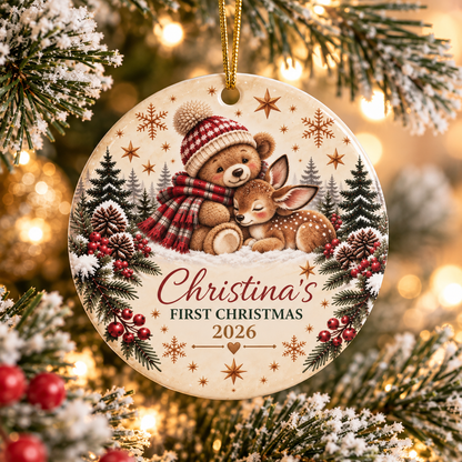 Personalized Double-Sided "First Christmas 2026" Teddy & Fawn Holiday Keepsake Ceramic Ornament