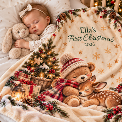 Personalized Cute Teddy & Fawn Holiday Throw Baby First Christmas Velveteen Blanket