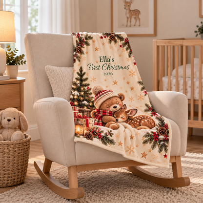 Personalized Cute Teddy & Fawn Holiday Throw Baby First Christmas Velveteen Blanket