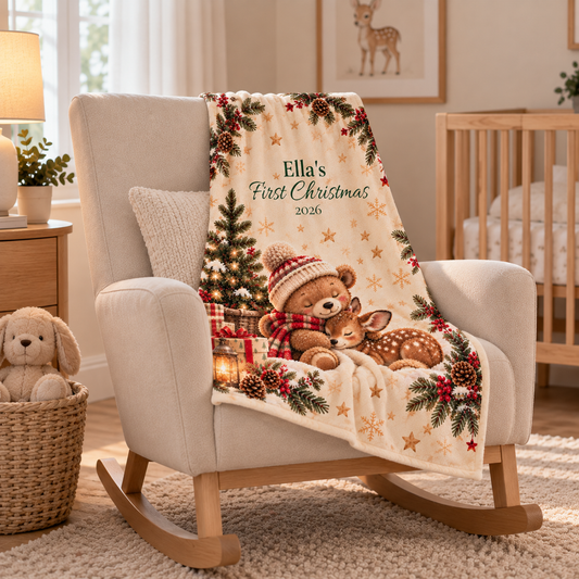 Personalized Cute Teddy & Fawn Holiday Throw Baby First Christmas Velveteen Blanket