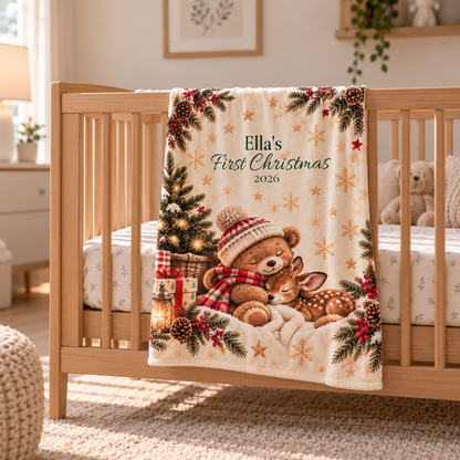 Personalized Cute Teddy & Fawn Holiday Throw Baby First Christmas Velveteen Blanket