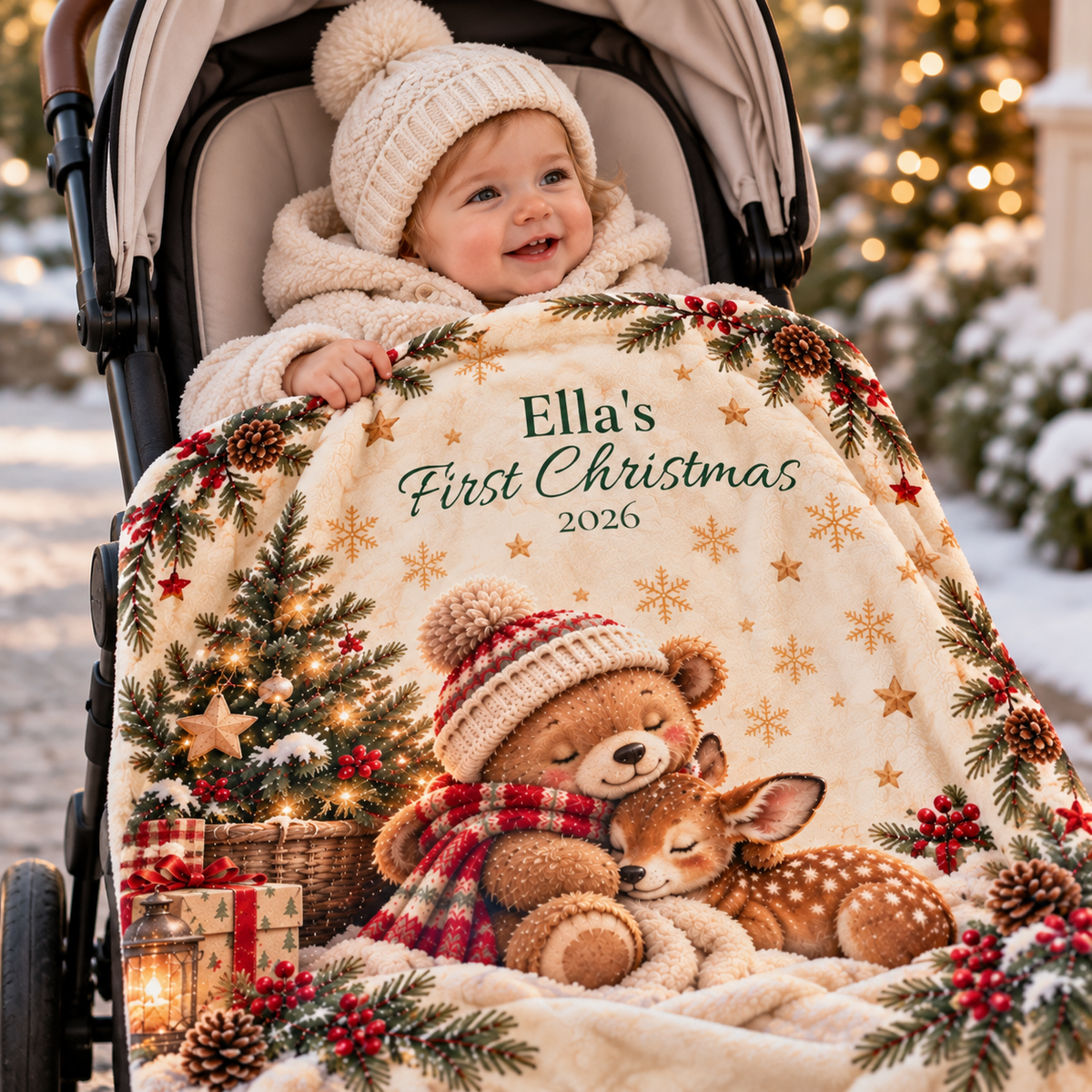 Personalized Cute Teddy & Fawn Holiday Throw Baby First Christmas Velveteen Blanket
