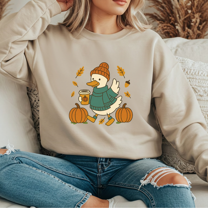 Cozy Fall Duck Sweatshirt | Cute Autumn Pullover with Pumpkin & Coffee Design | Cozy Season Crewneck Gift for Fall Lovers