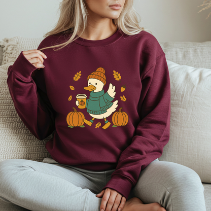 Cozy Fall Duck Sweatshirt | Cute Autumn Pullover with Pumpkin & Coffee Design | Cozy Season Crewneck Gift for Fall Lovers