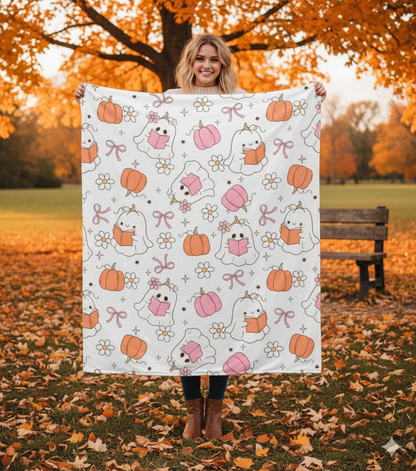 Cute Ghosts Plush Blanket with Fall Decor, Cozy Throw for Halloween and Autumn Decor, Perfect Gift for Book  Lovers