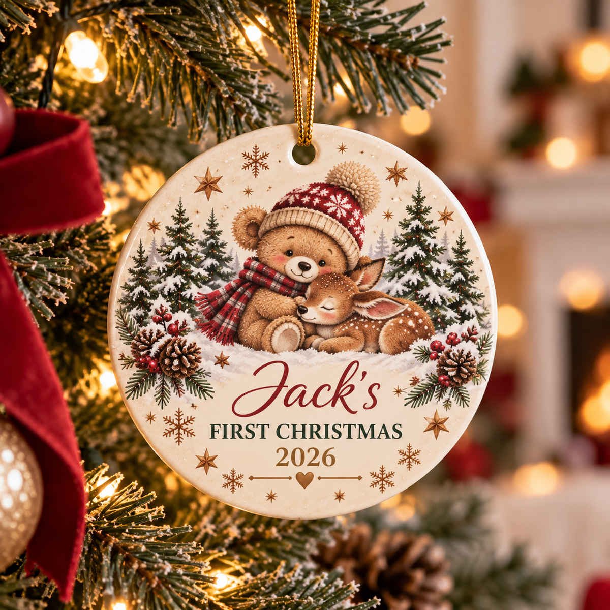 Personalized Double-Sided "First Christmas 2026" Teddy & Fawn Holiday Keepsake Ceramic Ornament